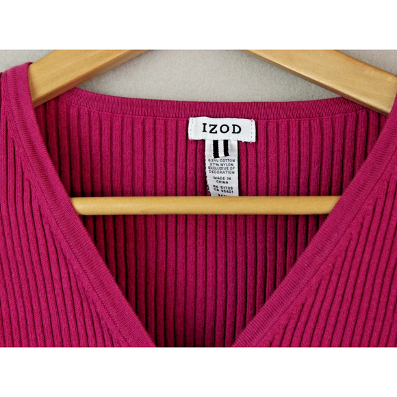 Izod Fuschia 3/4 Sleeve Ribbed Cardigan Sweater Medium Buttoned - Picture 3 of 9